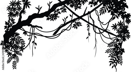 Black silhouette of a dense jungle tree branch with hanging vines and tropical leaves