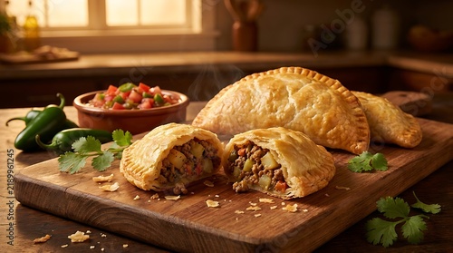 Freshly baked savory empanadas filled with seasoned meat and vegetables on a rustic wooden cutting board with a side of fresh salsa and jalapeos