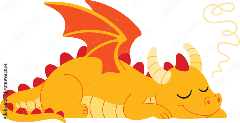 Fototapeta premium Cute Sleeping Yellow Dragon Cartoon Character Vector Illustration with Wings and Horns for Kids Bedtime Stories Nursery Decor and Children Graphic Designs