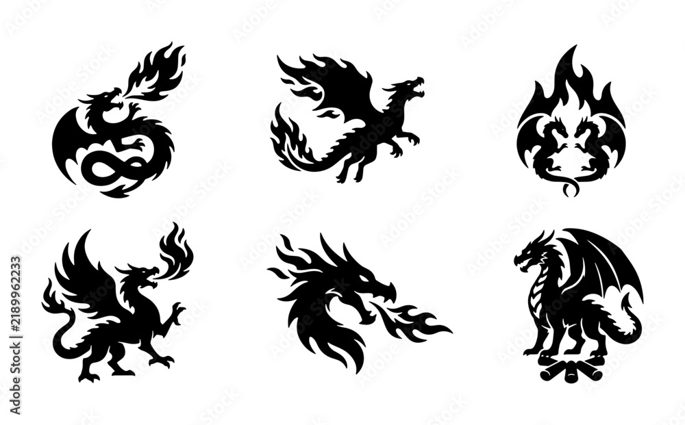 Fototapeta premium Mythical Dragon Silhouettes, Fantasy Creature Vector Icons, Fire Breathing Beasts Set