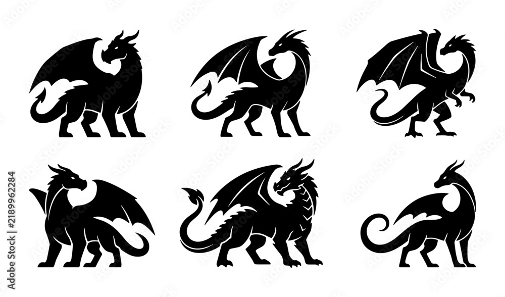 Fototapeta premium Dragon Silhouettes Collection, Mythical Creature Vector Icons, Fantasy Beast Graphics, Black Fantasy Art