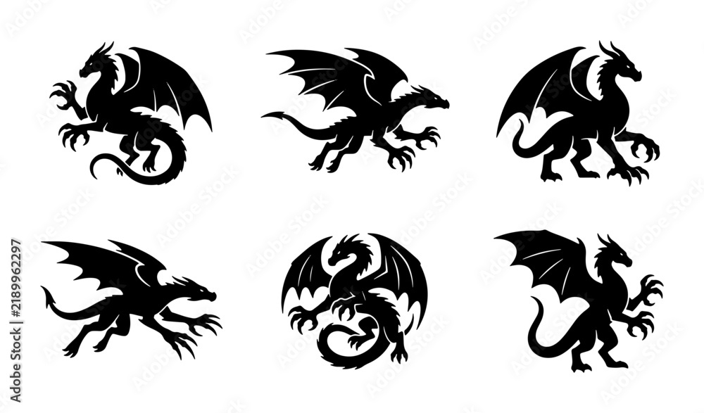 Fototapeta premium Mythical Dragon Silhouettes, Fantasy Creature Vector Icons, Ancient Legend Art, Black & White