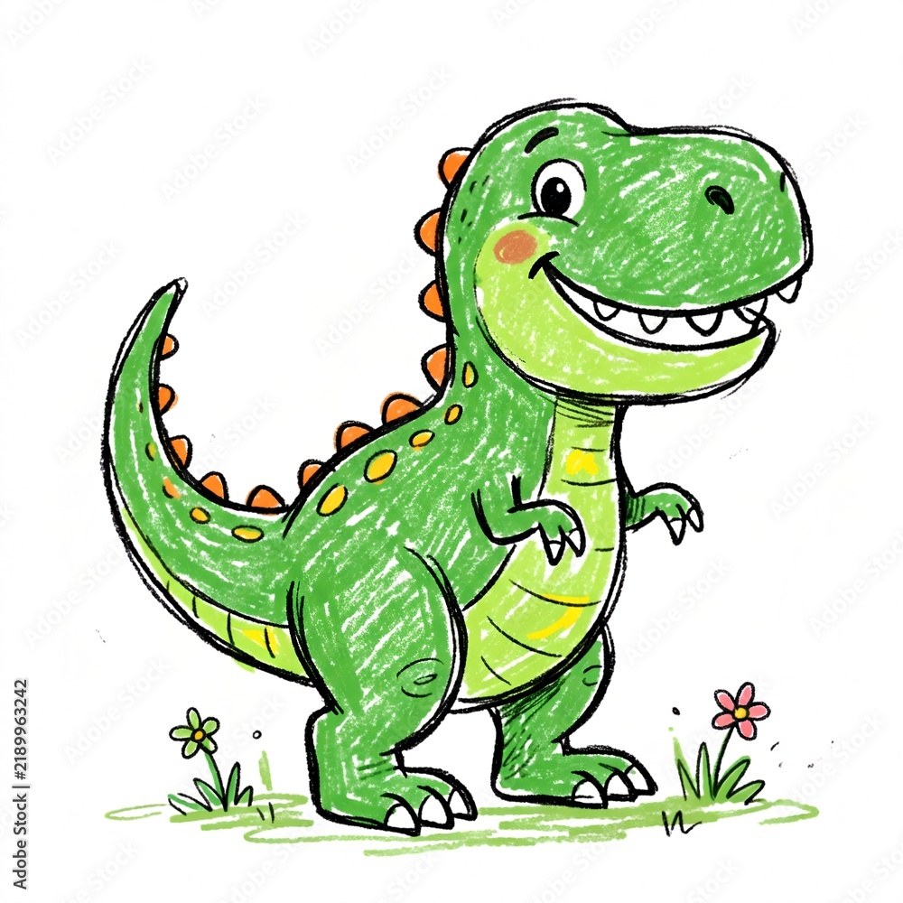 Obraz premium Hand Drawn Crayon Illustration of Cute Cartoon T-Rex Dinosaur 