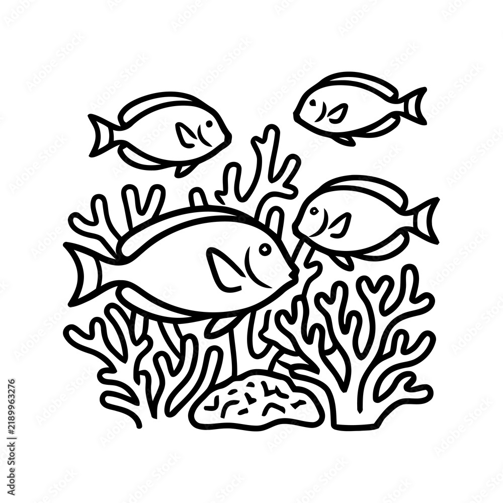 Fototapeta premium Black and White Line Art Illustration of Fish Swimming Among Coral Reefs