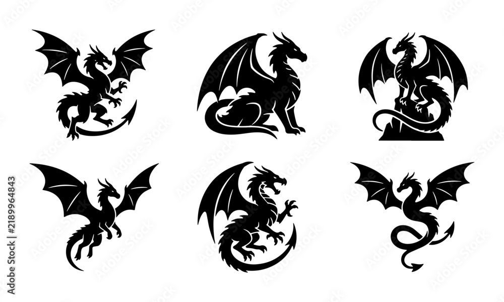 Fototapeta premium Mythical Dragon Silhouettes, Fantasy Creature Vector Icons, Ancient Legend Art Collection