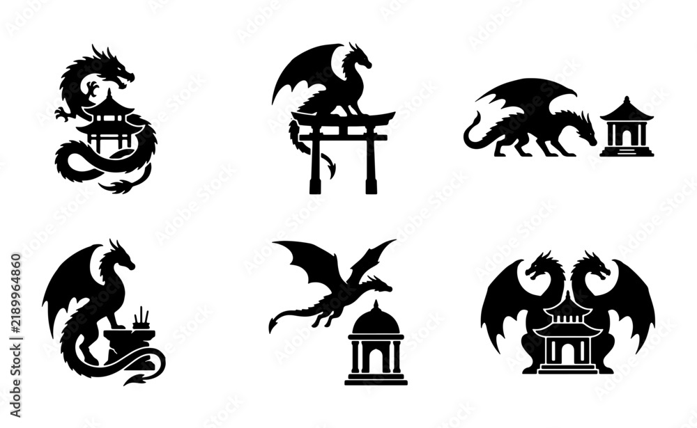 Fototapeta premium Mythical Dragon Silhouettes, Asian Temple Icons, Fantasy Creature Vector Set