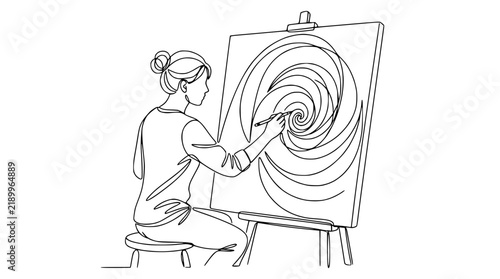 Artist painting abstract spiral on canvas, continuous line drawing, isolated