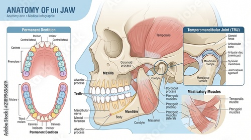 Educational medical infographic showing human jaw anatomy with teeth and temporomandibular joint details