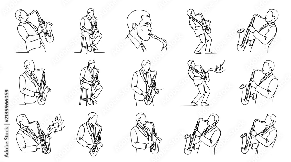 Obraz premium Saxophone Player Collection: Isolated Line Art Illustrations for Jazz Music