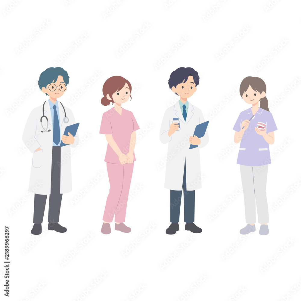 Fototapeta premium 医療チームのイラスト。医師、看護師、薬剤師、歯科衛生士が並んで立つフラットベクターイラスト。白衣やスクラブを着た多様な医療従事者たちが、聴診器、クリップボード、薬瓶、歯の模型を持っている。病院やクリニックのスタッフをイメージしたキャラクターセット。