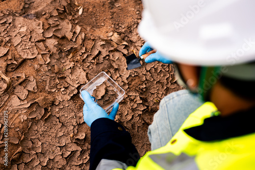 Принти на полотні Field scientist collecting cracked soil from a riverbank to test for toxic pollutants and heavy metal contamination