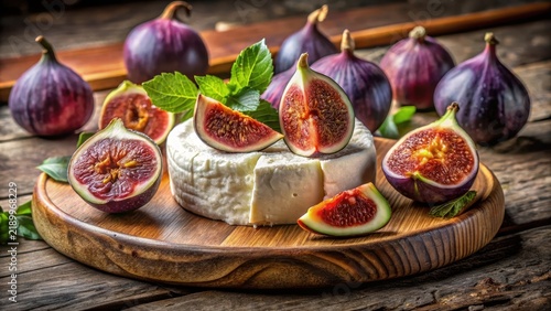 A beautifully styled still life of vibrant fresh figs and creamy goat cheese on a rustic wooden dining table