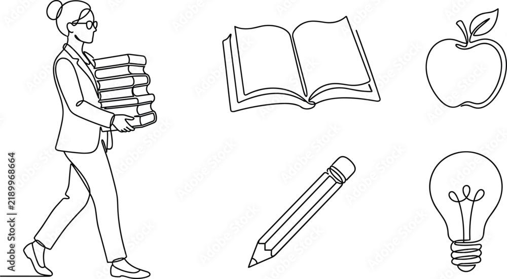 Fototapeta premium Continuous one line drawing of walking teacher carrying books with education icons isolated on white background vector