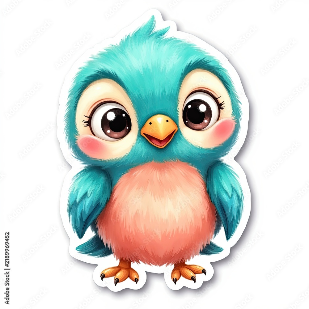 Obraz premium Cute Cartoon Baby Bird Character with Big Eyes and Fluffy Feather Details