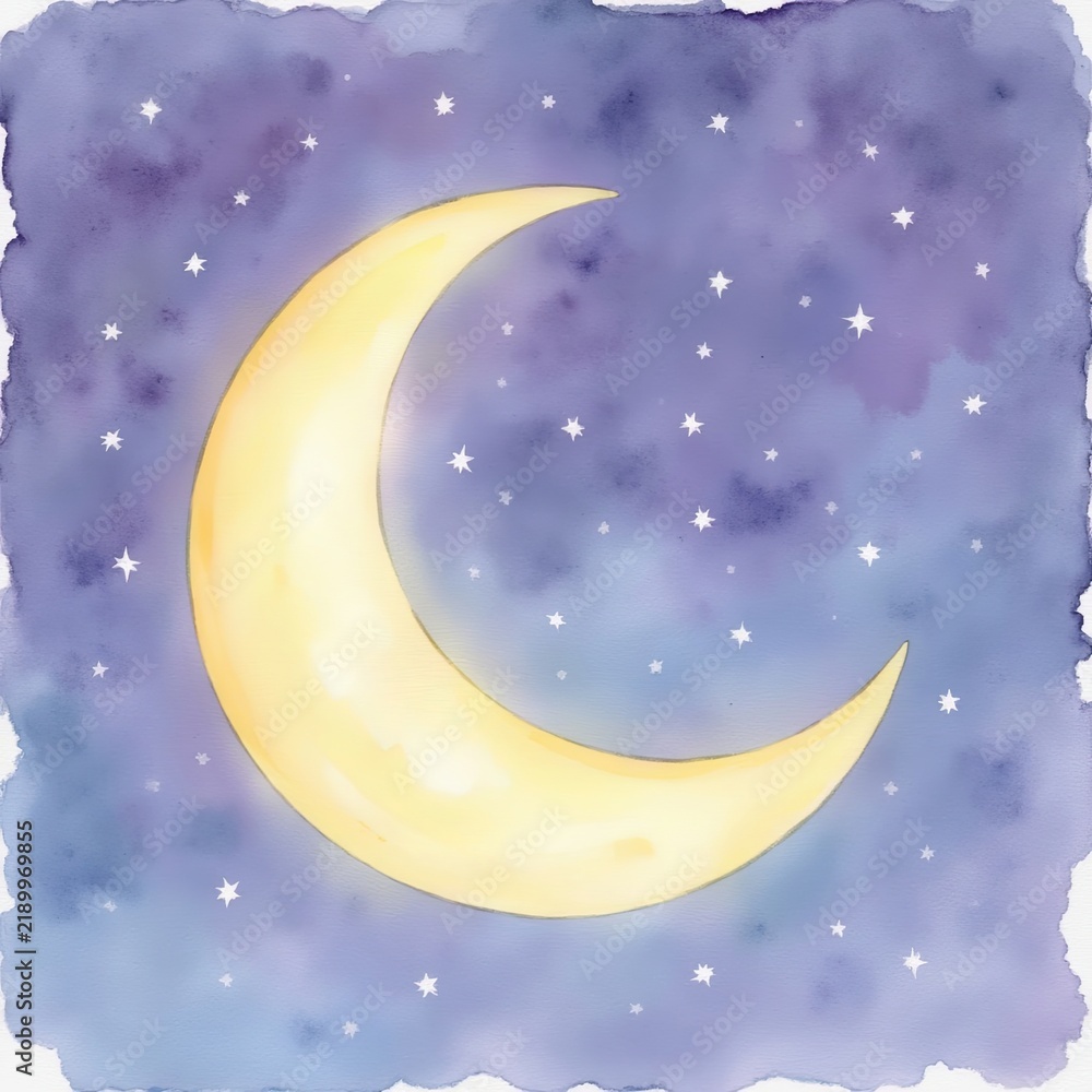 Naklejka premium Celestial watercolor painting of a luminous crescent moon with sparkling stars in night sky