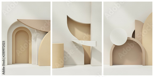 Minimalist 3D geometric compositions with beige arches and floating planes on white background