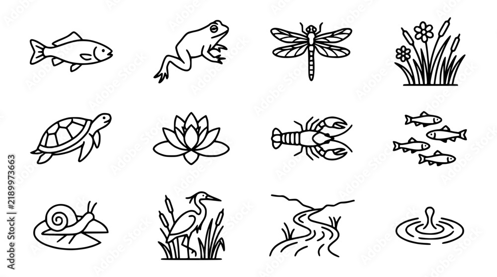 Fototapeta premium Pond Life Icons Set: Fish, Frog, Dragonfly, Turtle, Lily, Lobster, Heron, Snail