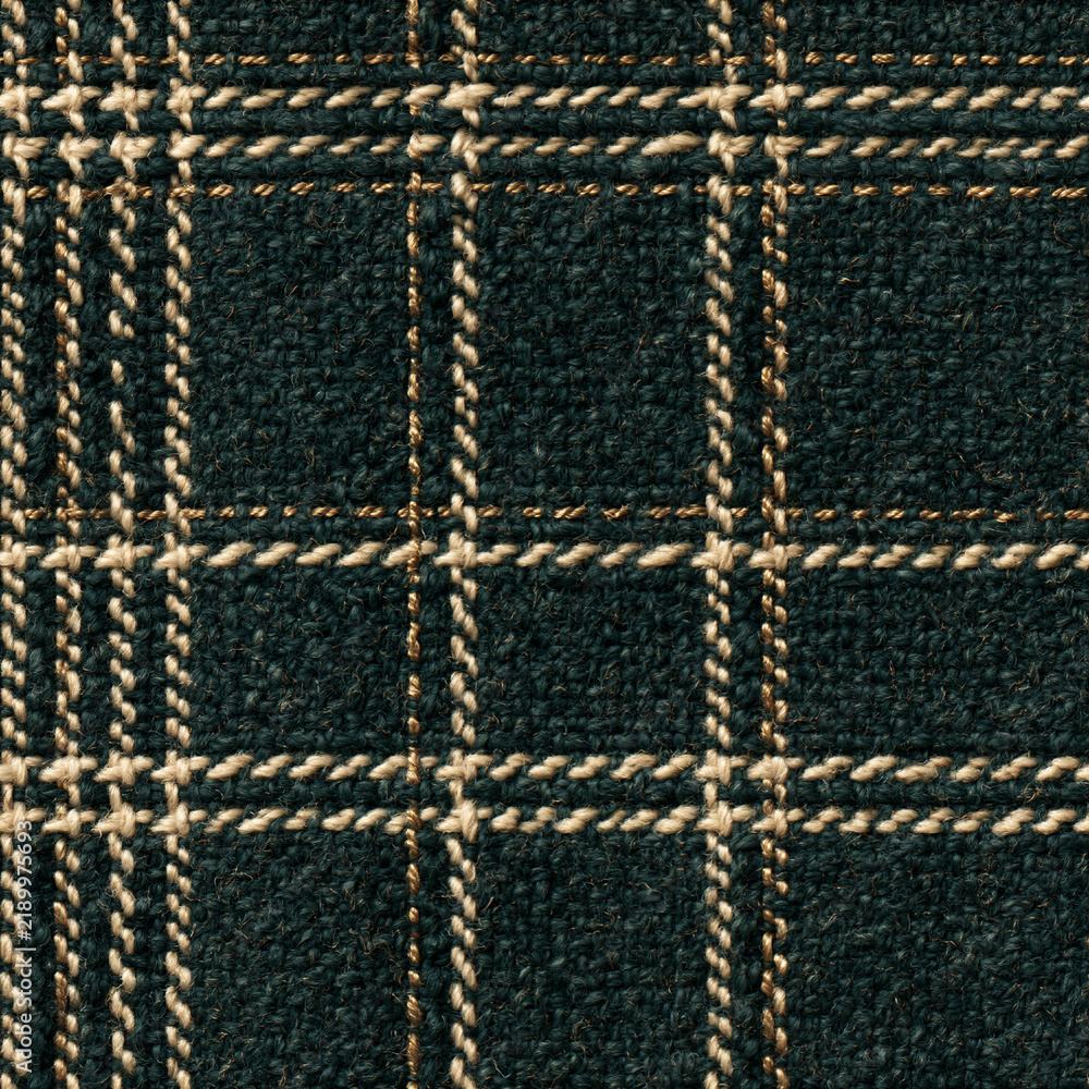 Fototapeta premium Seamless pattern close up displaying a detailed view of dark green wool textile, featuring a beige and golden interwoven plaid pattern