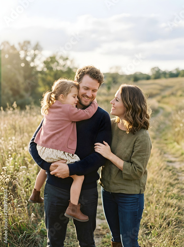 Happy Young Family Embracing Together in a Beautiful Golden Hour Field