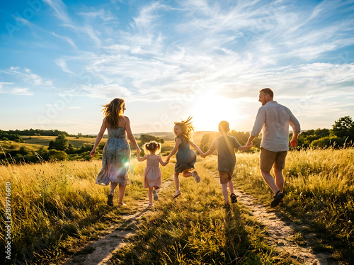 Happy family holding hands running through a golden summer meadow