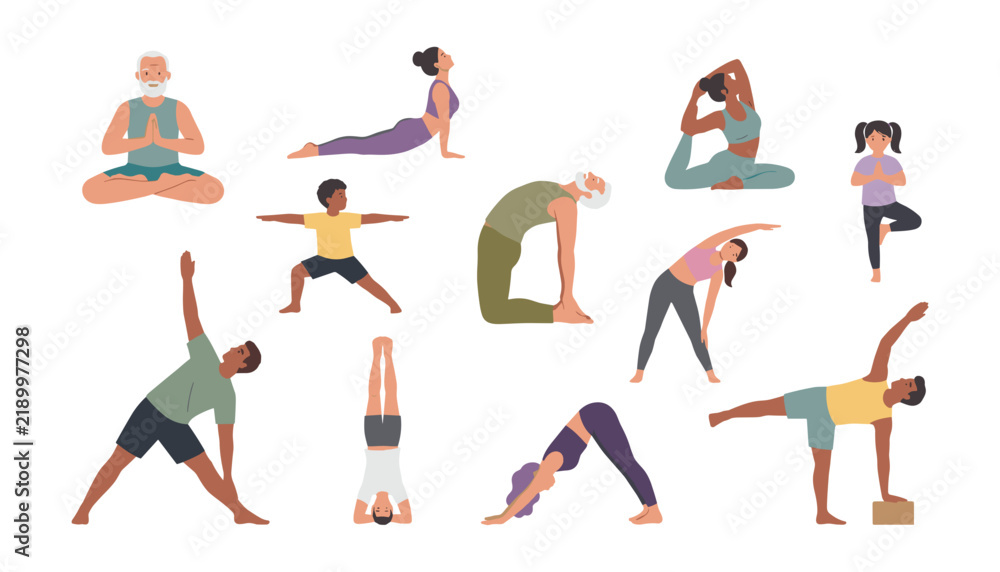 Fototapeta premium Yoga poses vector set with diverse people of different ages practicing healthy fitness workouts meditation and stretching exercises