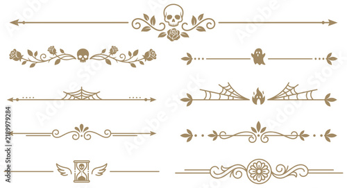 Halloween horizontal dividers featuring skulls ghosts and spiders for spooky typography.