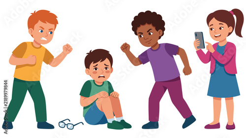 Foto Sad boy being bullied by other kids with one girl taking photos.