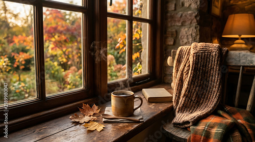 Cozy autumn window view with a cup of coffee and knitted blanket