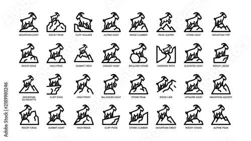 Фотография Creative Set Of Mountain Goat Icons Showing Various Climbing And Terrain Positio