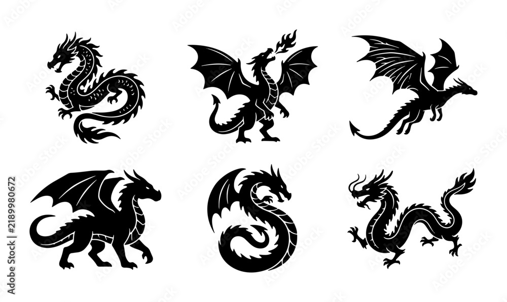 Fototapeta premium Mythical Dragon Silhouettes, Fantasy Creature Vector Icons, Legendary Beast Graphics