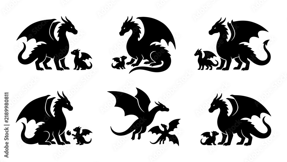 Obraz premium Dragon Family Silhouettes, Mythical Creature Vector Icons, Fantasy Animal Graphics
