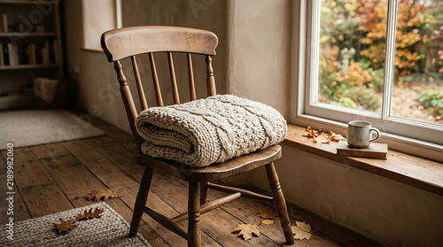 Vintage wooden chair with a folded knitted blanket by a bright window