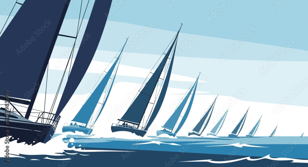 Fototapeta premium Regatta with fleet of sailing yachts racing on sea.