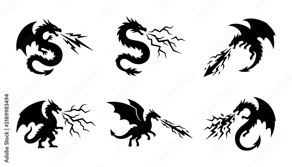Fototapeta premium Dragon Silhouettes, Mythical Creatures, Fantasy Beasts, Fire Breathing Icons