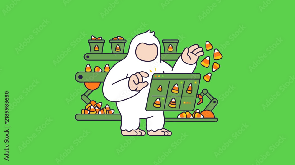 Fototapeta premium Halloween ghost sorting sweet treats on factory conveyor belt