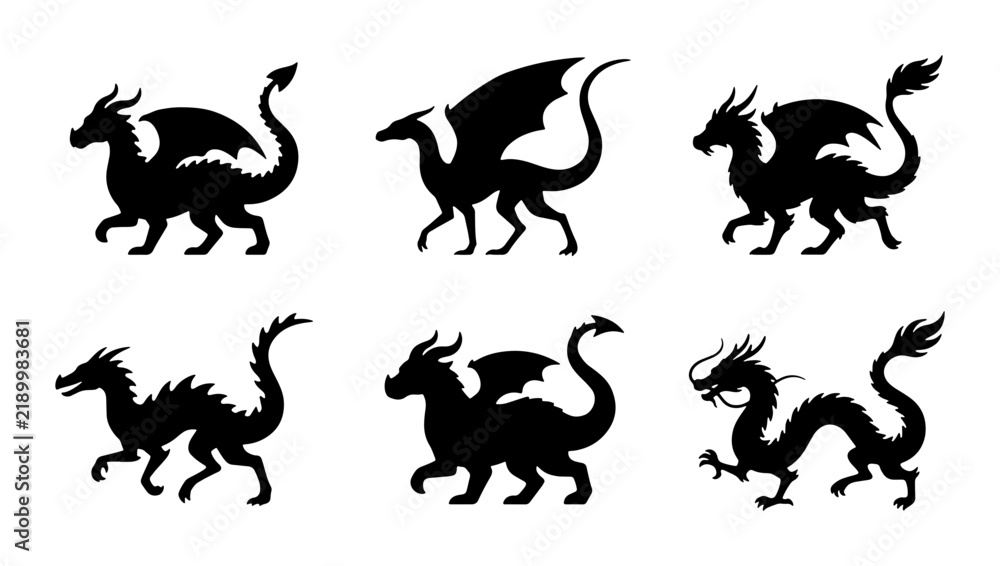 Obraz premium Dragon Silhouettes Set, Mythical Creature Vector Icons, Fantasy Beast Graphics, Legend Art