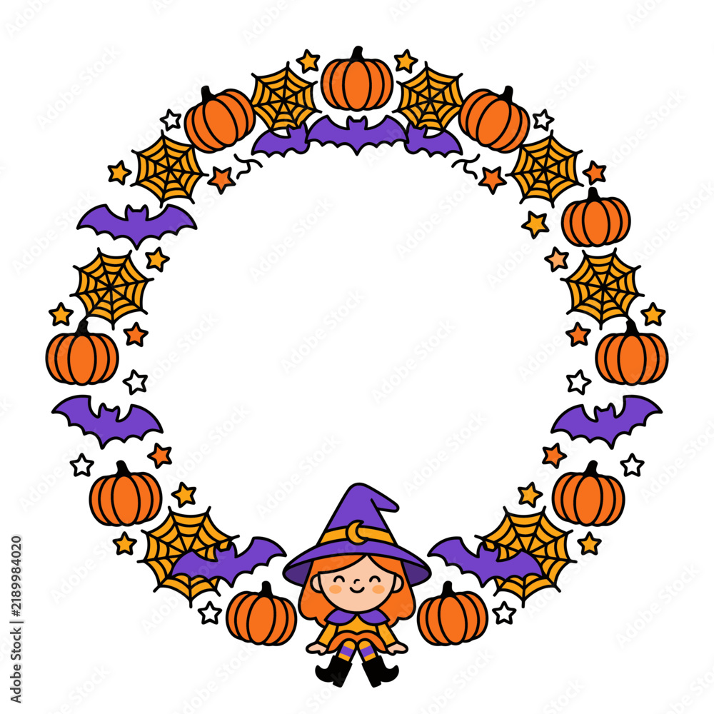 Fototapeta premium Halloween witch vector wreath with cute pumpkins bats and spider webs