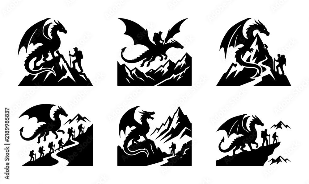 Fototapeta premium Dragon Silhouette Vector Icons, Fantasy Adventure Mountain Hikers, Mythical Creature Graphics