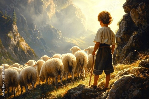 A glimpse into the biblical narrative of young David and his sheep.