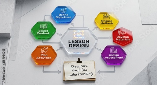 Lesson Design Process Diagram with Hexagonal Tiles and Motivational Quote