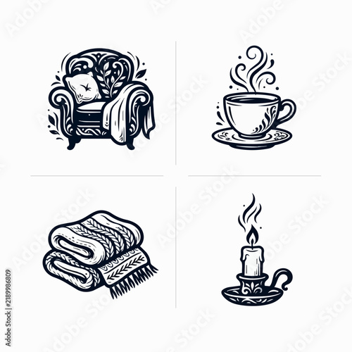 Картината върху платно Cozy Home Comfort Icons Set in Black and White