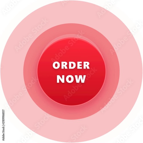 Red circular order now button with concentric pink rings on a white background.