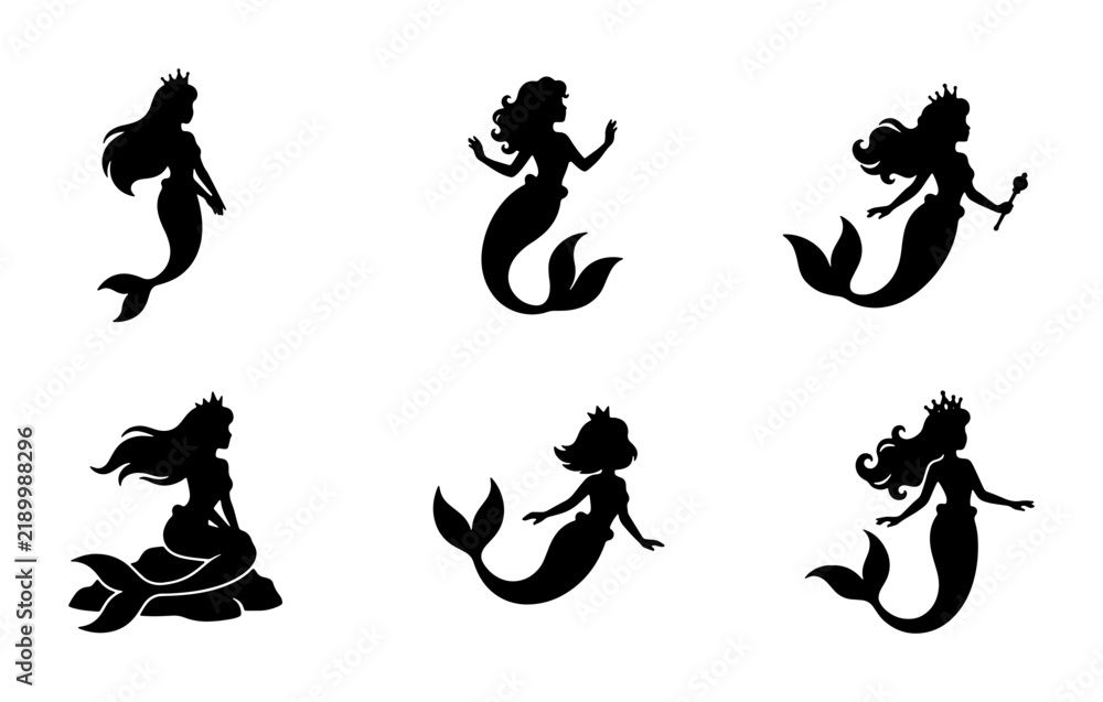 Obraz premium Mermaid Silhouettes Collection, Mythical Sea Creatures Vector Icons, Fantasy Underwater Princess Graphics
