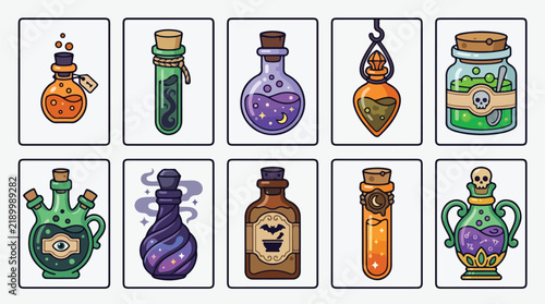 Bild auf Leinwand Magic Magic Potions Bottles and Alchemy Elixir Vector Set