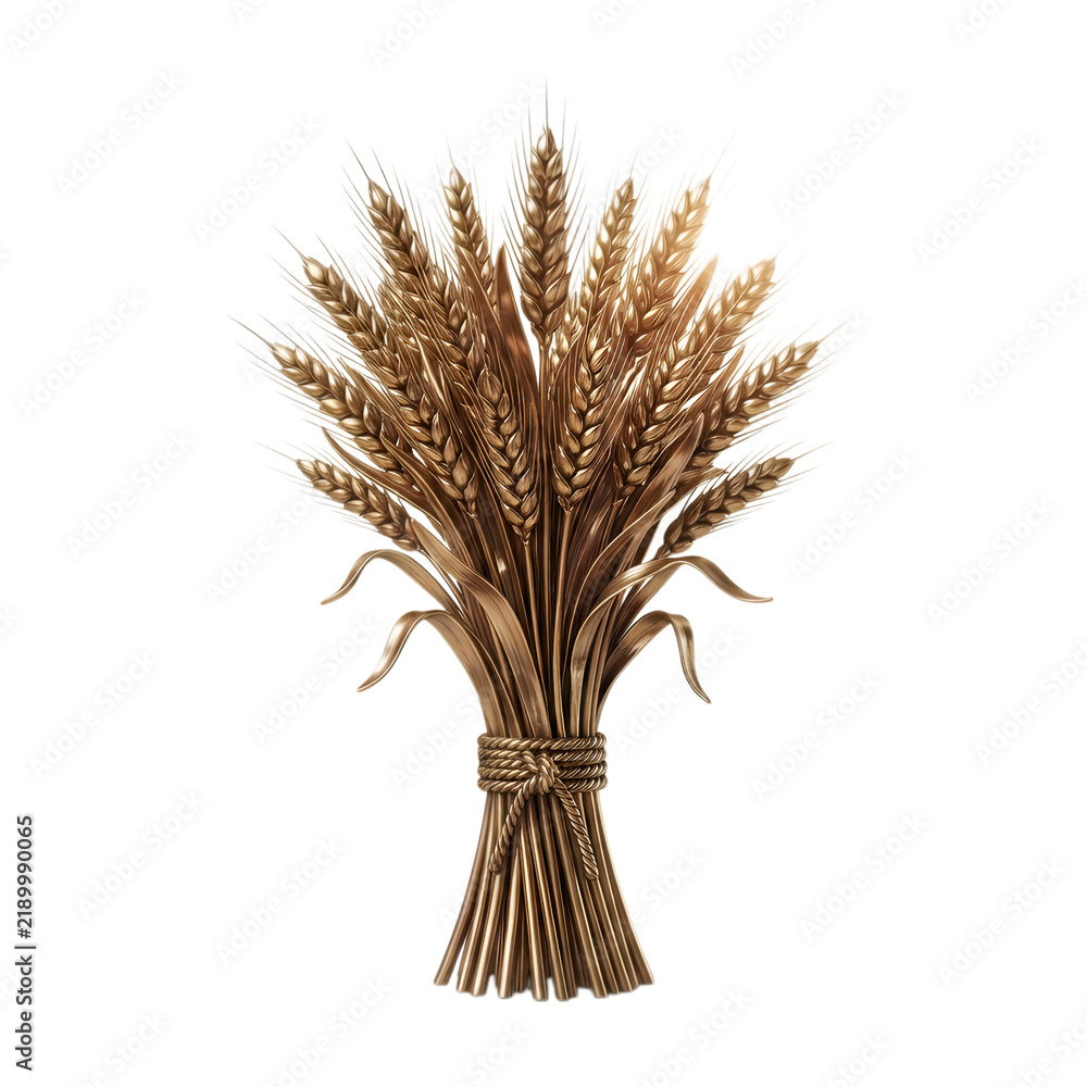 Fototapeta premium A bundle of golden wheat stalks tied together isolated on transparent background