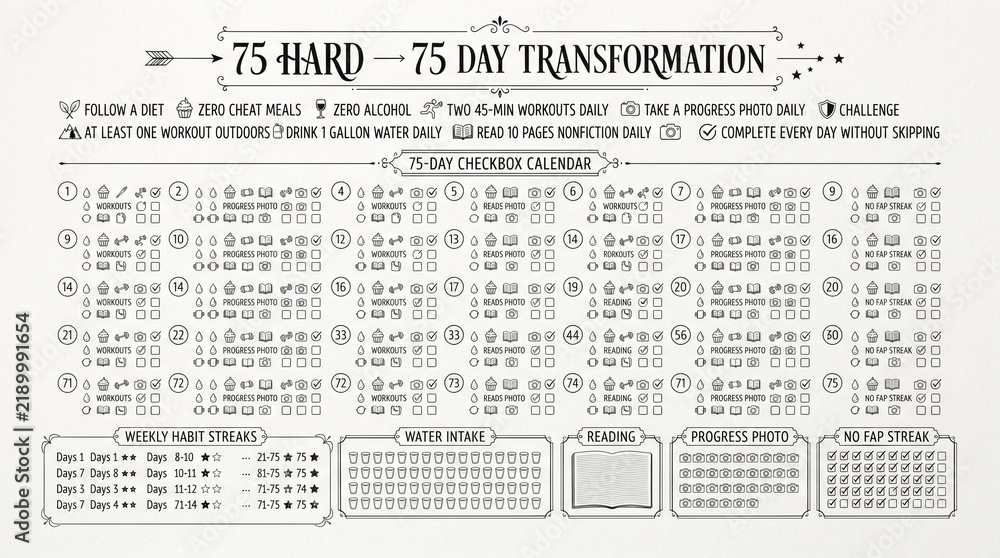 Fototapeta premium 75 Day transformation habit tracker sheet features check boxes and progress tracking elements