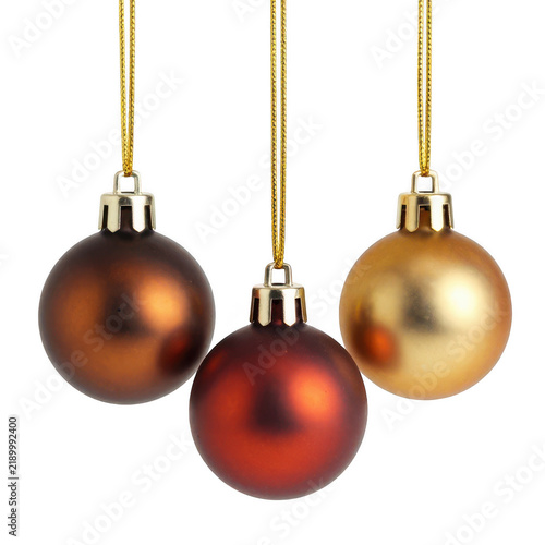 Three hanging christmas baubles in bronze red and gold with holiday decoration