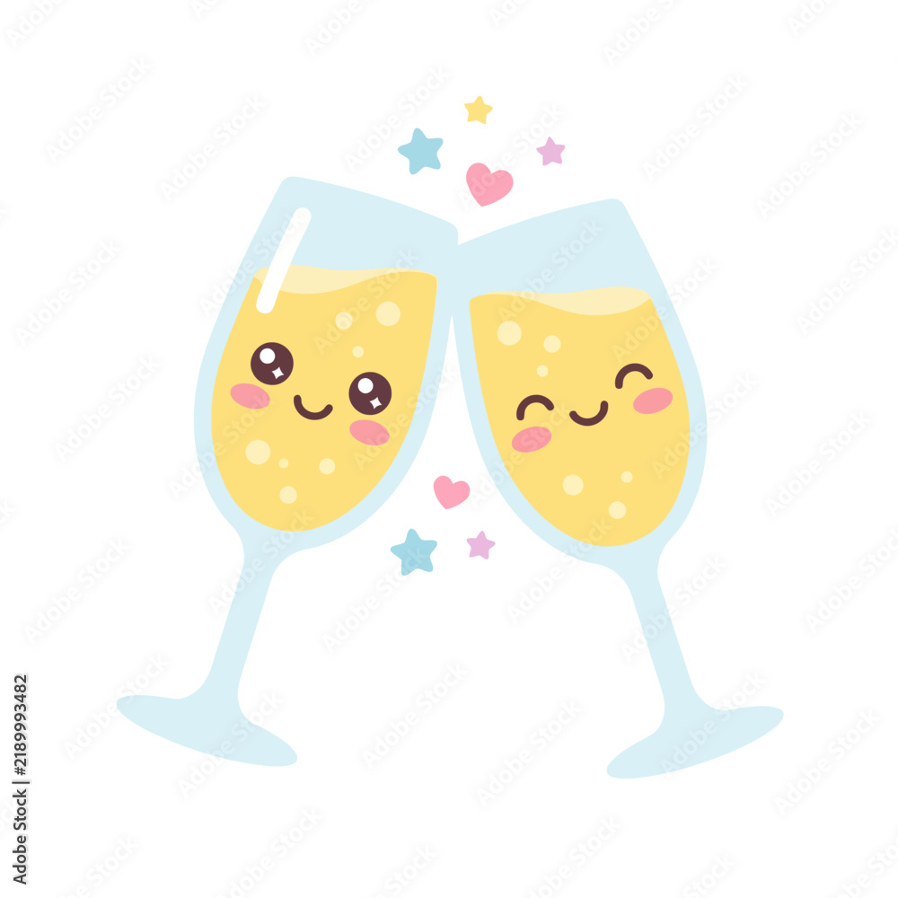 Fototapeta premium Two cute champagne glasses toasting with happy faces and stars.