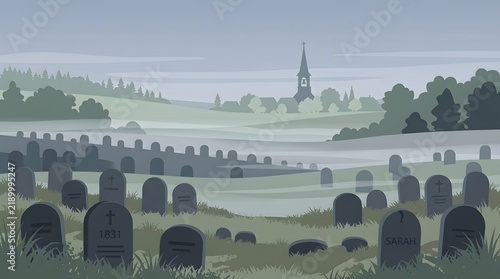 Eerie graveyard landscape with foggy mist rolling over ancient tombstones and distant church.