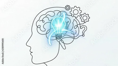 Head and brain. Thought, phylosophy, think, idea, creative, knowledge. Thinking concept. One line drawing animation. Motion design. Animated technology logo. Viabstract human head with blue background
